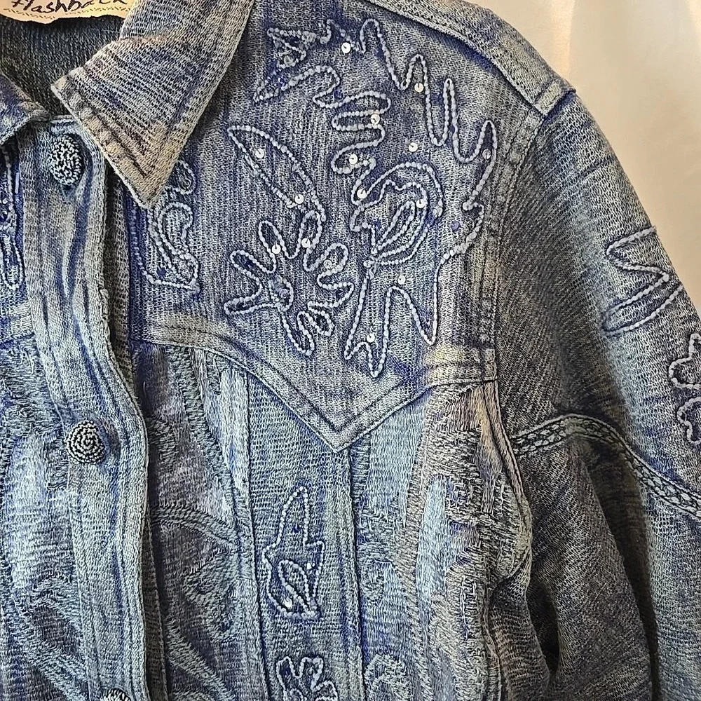 Vintage Flashback Jacket Metallic Blue Floral Detail Lace Embroidered Sequins XL